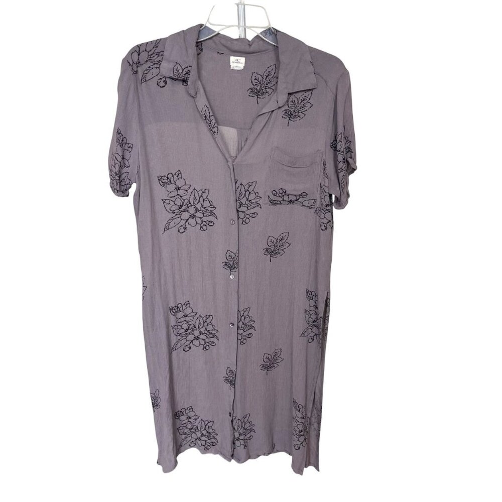 O'neill Gray & Black Floral Print Shirt Midi Dress Slit Hem Surfer Boho - MEDIUM